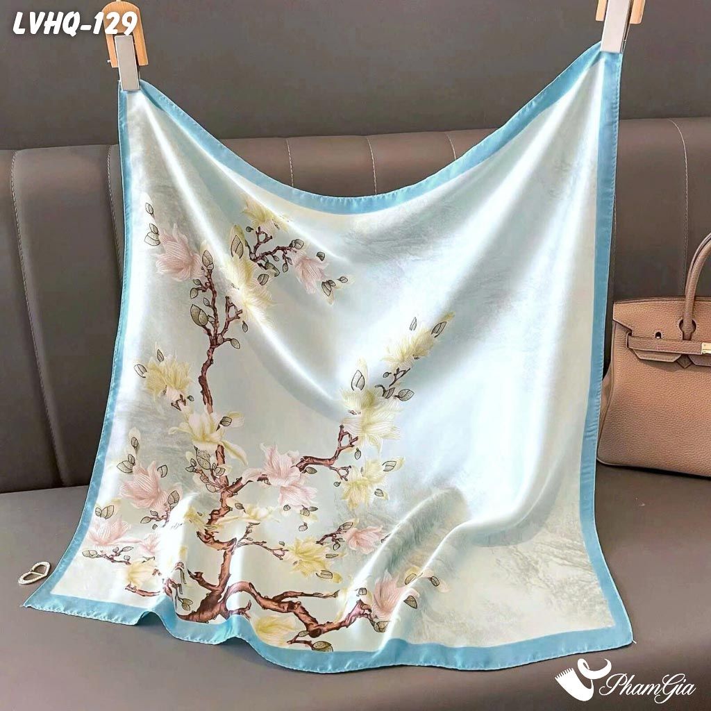 Khăn Lụa Vuông 70*70Cm Phong Cách Hàn Quốc Họa Tiết Hoa Mộc Lan Màu Xanh Ngọc (LVHQ129)
