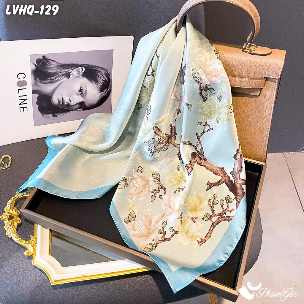 Khăn Lụa Vuông 70*70Cm Phong Cách Hàn Quốc Họa Tiết Hoa Mộc Lan Màu Xanh Ngọc (LVHQ129)