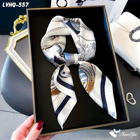 Cận Cảnh Khăn Lụa Vuông 70*70cm Phong Cách Hàn Quốc Họa Tiết Retro Màu Trắng Viền Xanh