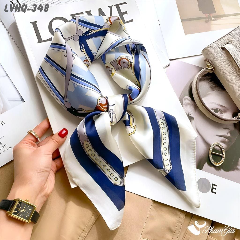 Khăn Lụa Vuông 70*70cm Phong Cách Hàn Quốc Họa Tiết Retro Phối Màu Xanh - Trắng