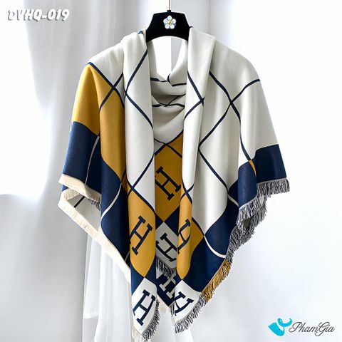 Khăn Choàng Dạ Cashmere Vuông Phong Cách Hàn Quốc Cao Cấp Họa Tiết Caro Phối Màu Xanh Navy - Vàng