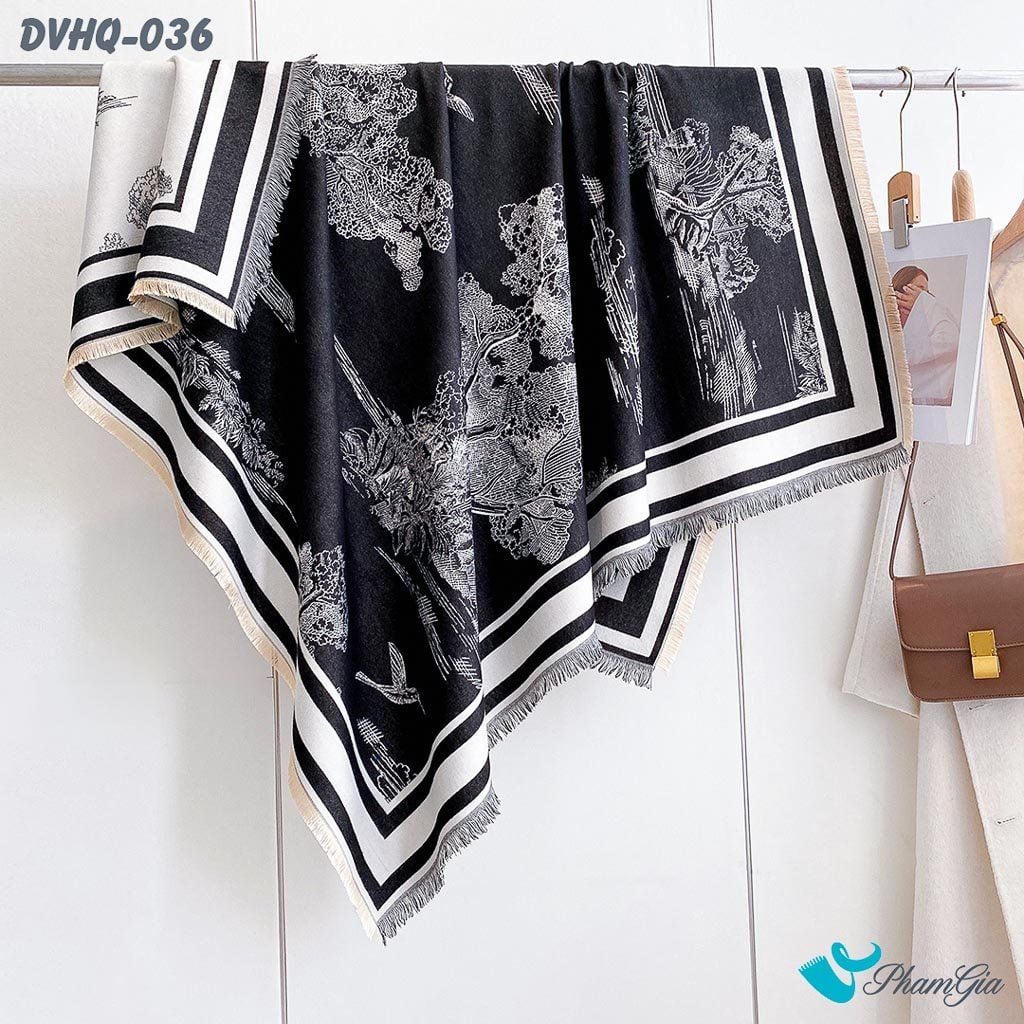 Họa Tiết Khăn Choàng Dạ Cashmere Vuông Phong Cách Hàn Quốc Cao Cấp Họa Tiết Cây Cổ Thụ Màu Đen Trắng