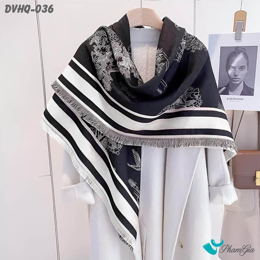 Góc Thẳng Khăn Choàng Dạ Cashmere Vuông Phong Cách Hàn Quốc Cao Cấp Họa Tiết Cây Cổ Thụ Màu Đen Trắng
