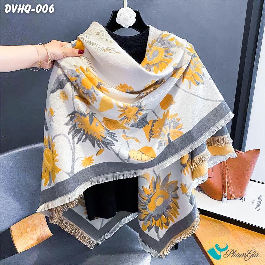 Khăn Choàng Dạ Cashmere Vuông Phong Cách Hàn Quốc Cao Cấp Họa Tiết Hoa Hướng Dương Màu Vàng (DVHQ006)