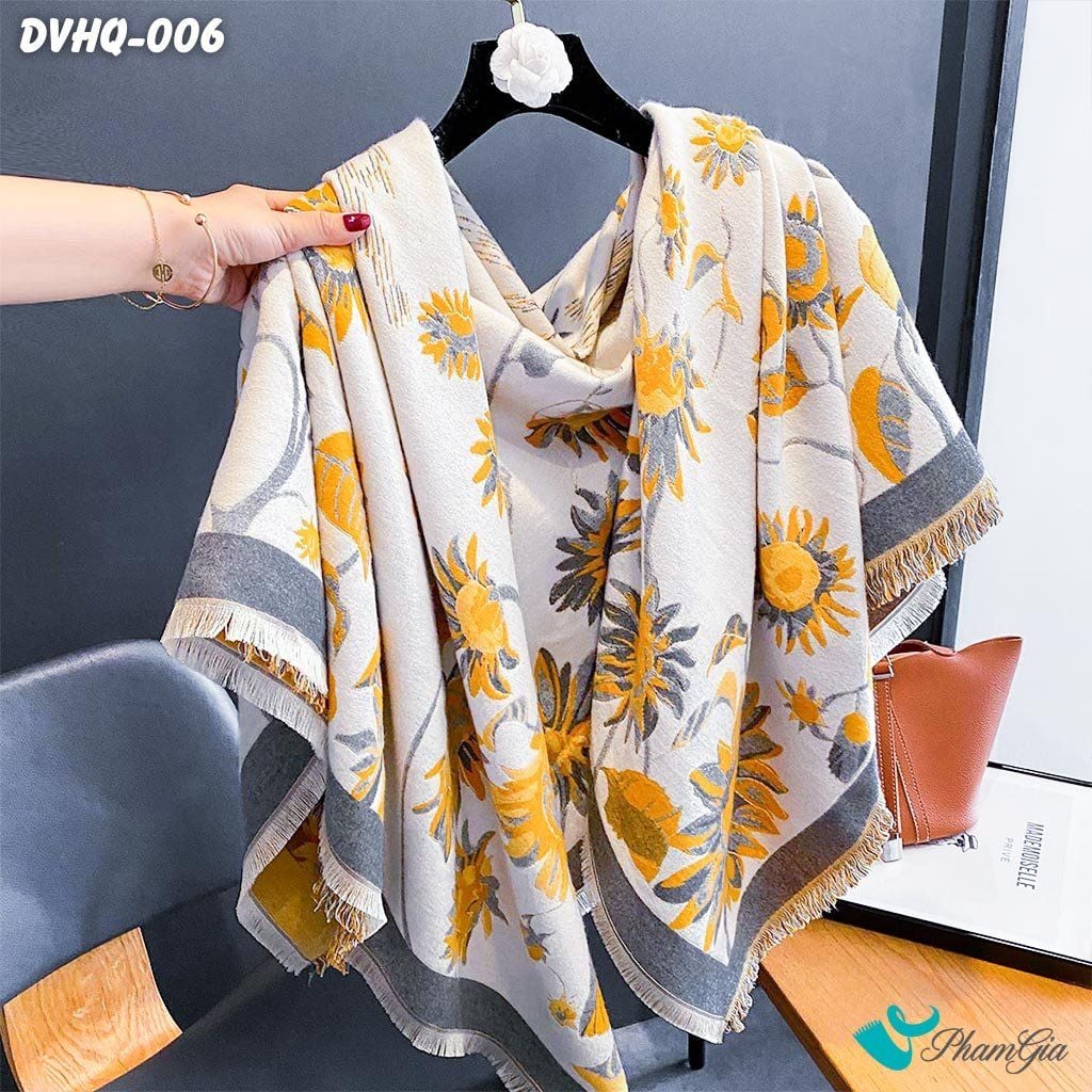 Khăn Choàng Dạ Cashmere Vuông Phong Cách Hàn Quốc Cao Cấp Họa Tiết Hoa Hướng Dương Màu Vàng (DVHQ006)