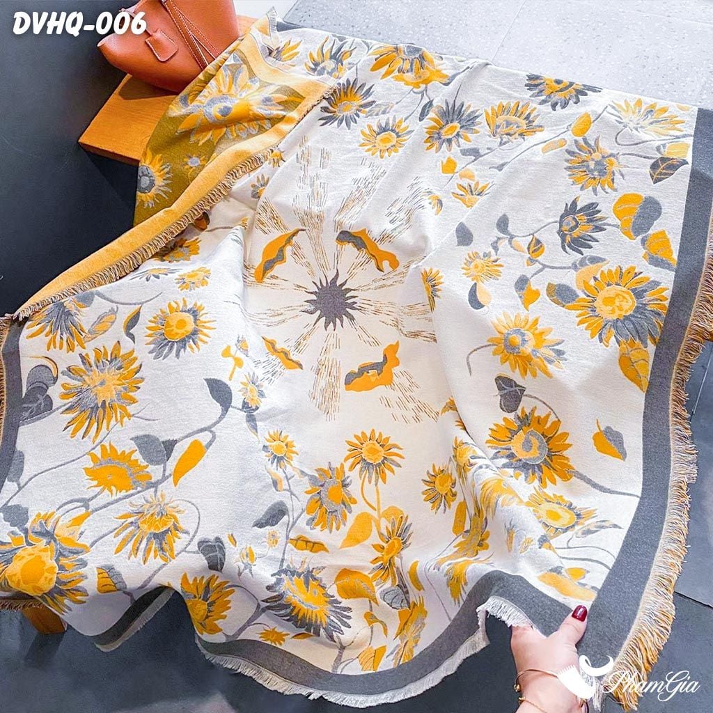 Khăn Choàng Dạ Cashmere Vuông Phong Cách Hàn Quốc Cao Cấp Họa Tiết Hoa Hướng Dương Màu Vàng (DVHQ006)