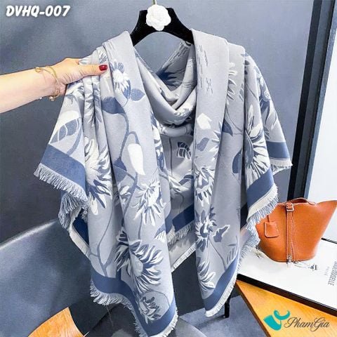 Khăn Choàng Dạ Cashmere Vuông Phong Cách Hàn Quốc Cao Cấp Họa Tiết Hoa Hướng Dương Màu Xanh (DVHQ007)