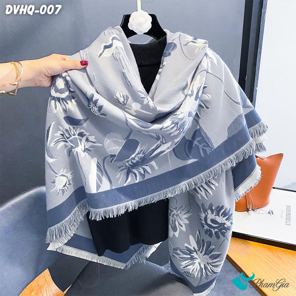 Khăn Choàng Dạ Cashmere Vuông Phong Cách Hàn Quốc Cao Cấp Họa Tiết Hoa Hướng Dương Màu Xanh (DVHQ007)