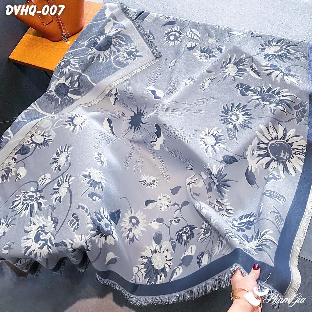 Khăn Choàng Dạ Cashmere Vuông Phong Cách Hàn Quốc Cao Cấp Họa Tiết Hoa Hướng Dương Màu Xanh (DVHQ007)