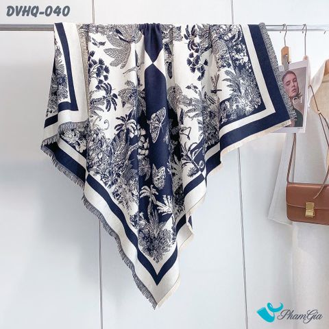 Khăn Choàng Dạ Cashmere Vuông Phong Cách Hàn Quốc Cao Cấp Họa Tiết Vườn Nhiệt Đới Màu Xanh Navy