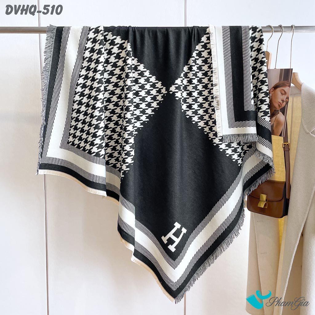 Họa Tiết Khăn Choàng Dạ Cashmere Vuông Phong Cách Hàn Quốc Phiên Bản Mới Họa Tiết Nanh Sói Trắng Đen