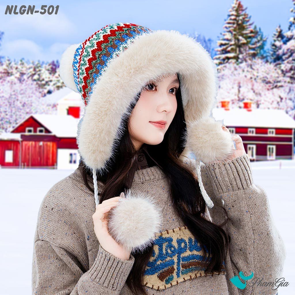 Nón Len Phối Lông Giữ Nhiệt Chuyên Dụng Phối Viền Lông 2 Lớp Cao Cấp Dệt Họa Tiết Thổ Cẩm Màu Đỏ (NLGN501)