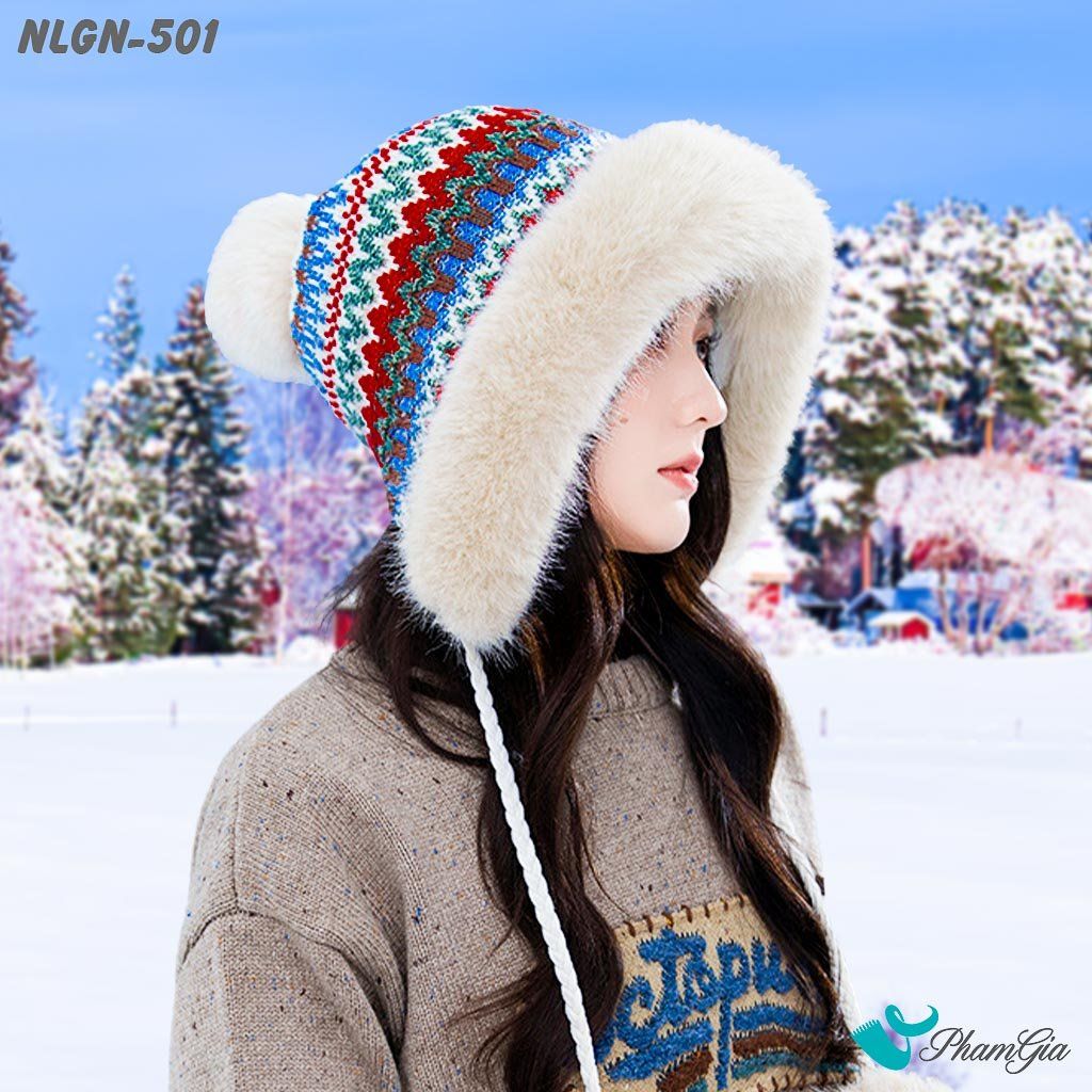 Nón Len Phối Lông Giữ Nhiệt Chuyên Dụng Phối Viền Lông 2 Lớp Cao Cấp Dệt Họa Tiết Thổ Cẩm Màu Đỏ (NLGN501)