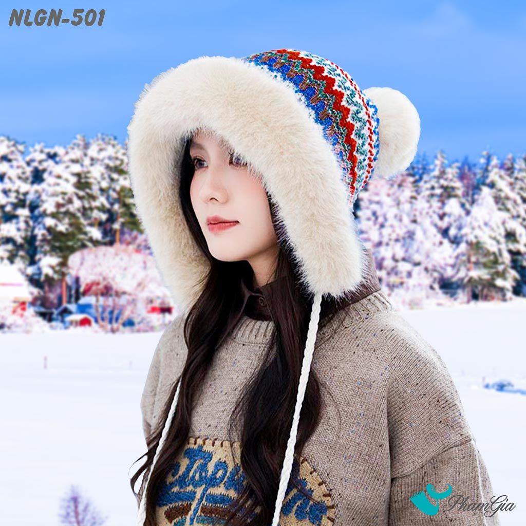 Nón Len Phối Lông Giữ Nhiệt Chuyên Dụng Phối Viền Lông 2 Lớp Cao Cấp Dệt Họa Tiết Thổ Cẩm Màu Đỏ (NLGN501)