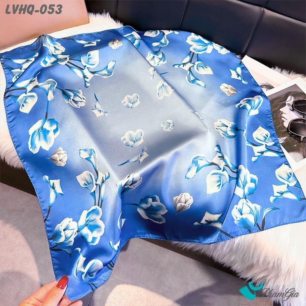 Khăn Lụa Vuông 70*70Cm Phong Cách Hàn Quốc Họa Tiết Hoa Calla Màu Xanh Navy (LVHQ053)