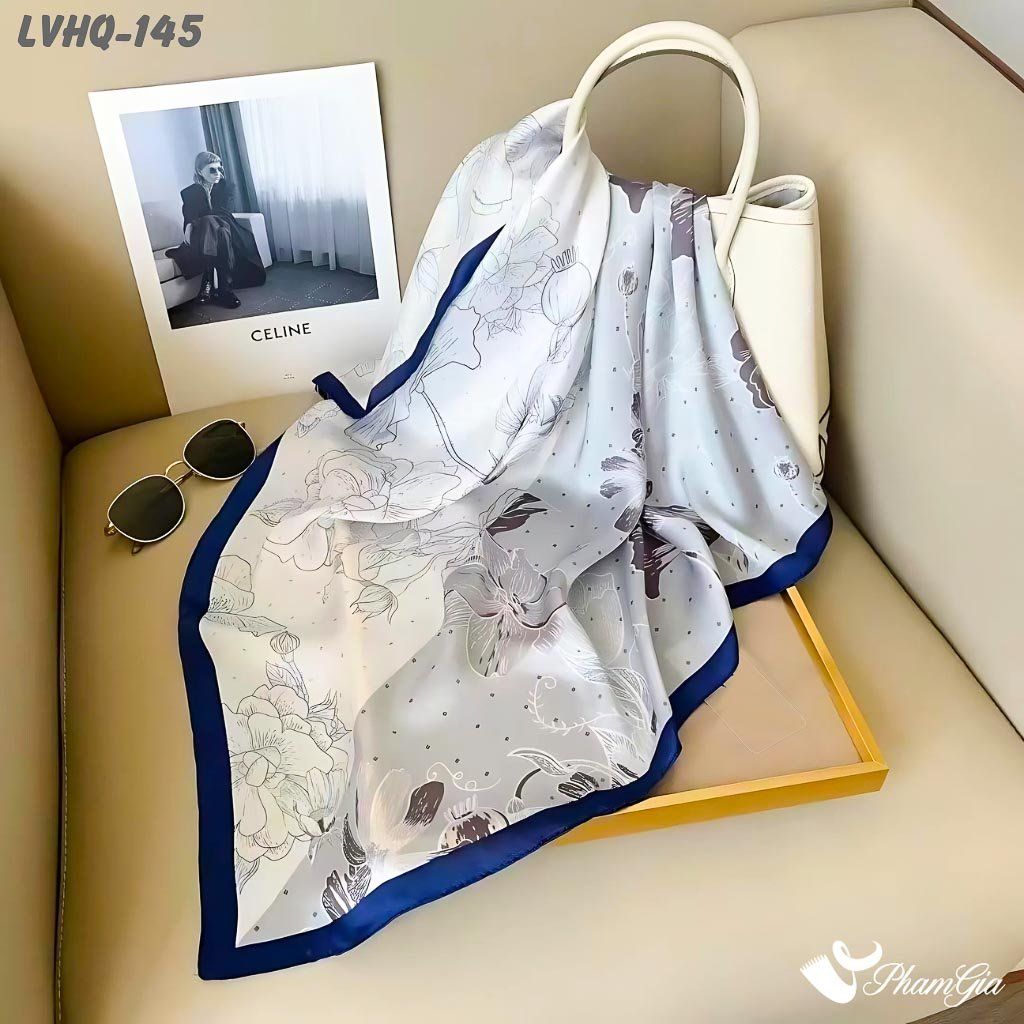 Khăn Lụa Vuông 70*70Cm Phong Cách Hàn Quốc Họa Tiết Hoa Lily Viền Xanh Navy (LVHQ145)
