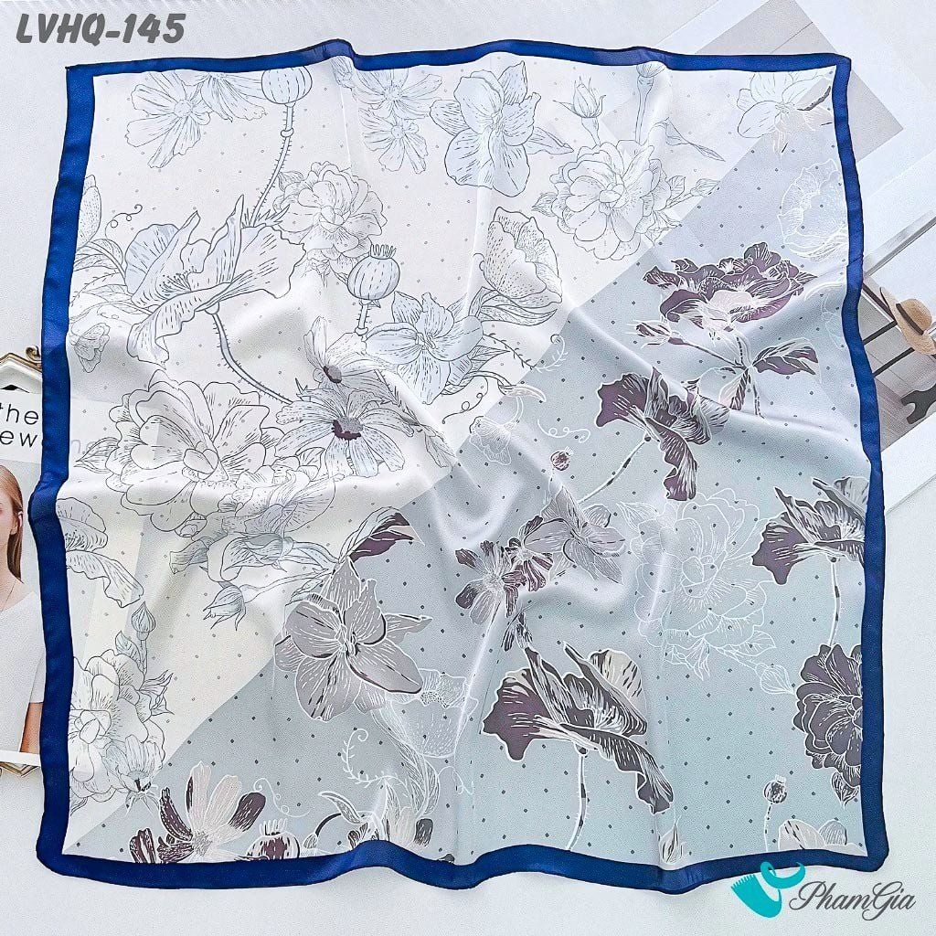 Khăn Lụa Vuông 70*70Cm Phong Cách Hàn Quốc Họa Tiết Hoa Lily Viền Xanh Navy (LVHQ145)