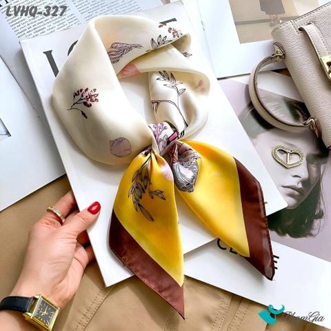 Khăn Lụa Vuông 70*70cm Phong Cách Hàn Quốc Họa Tiết Hoa Lá Màu Vàng Viền Nâu