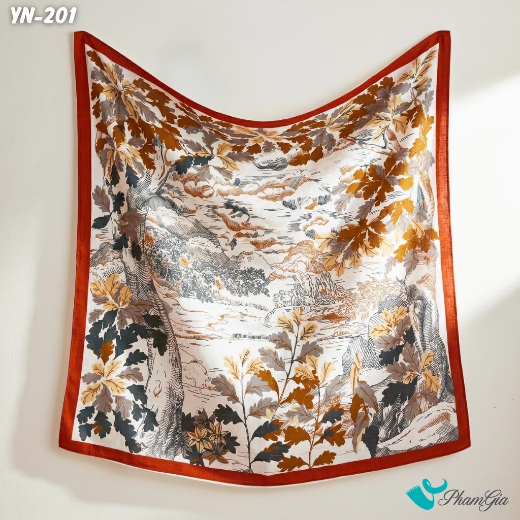 Khăn Linen Vuông Y Nhiên 90*90Cm Hoạ Tiết Phong Cảnh Rừng Cây Màu Cam Đất Cổ Điển (YN201)