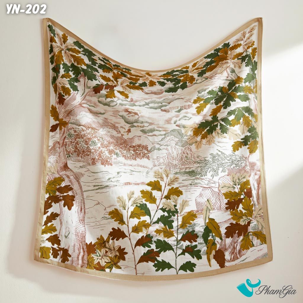 Khăn Linen Vuông Y Nhiên 90*90Cm Hoạ Tiết Phong Cảnh Rừng Cây Màu Be Cổ Điển (YN202)