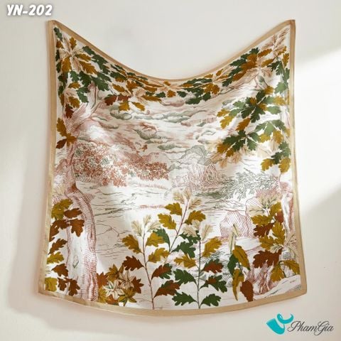 Khăn Linen Vuông Y Nhiên 90*90Cm Hoạ Tiết Phong Cảnh Rừng Cây Màu Be Cổ Điển (YN202)
