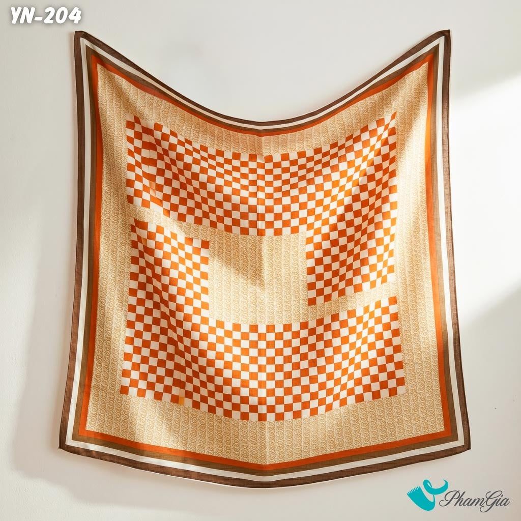 Khăn Linen Vuông Y Nhiên 90*90Cm Hoạ Tiết Kẻ Caro Màu Cam Hiện Đại (YN204)