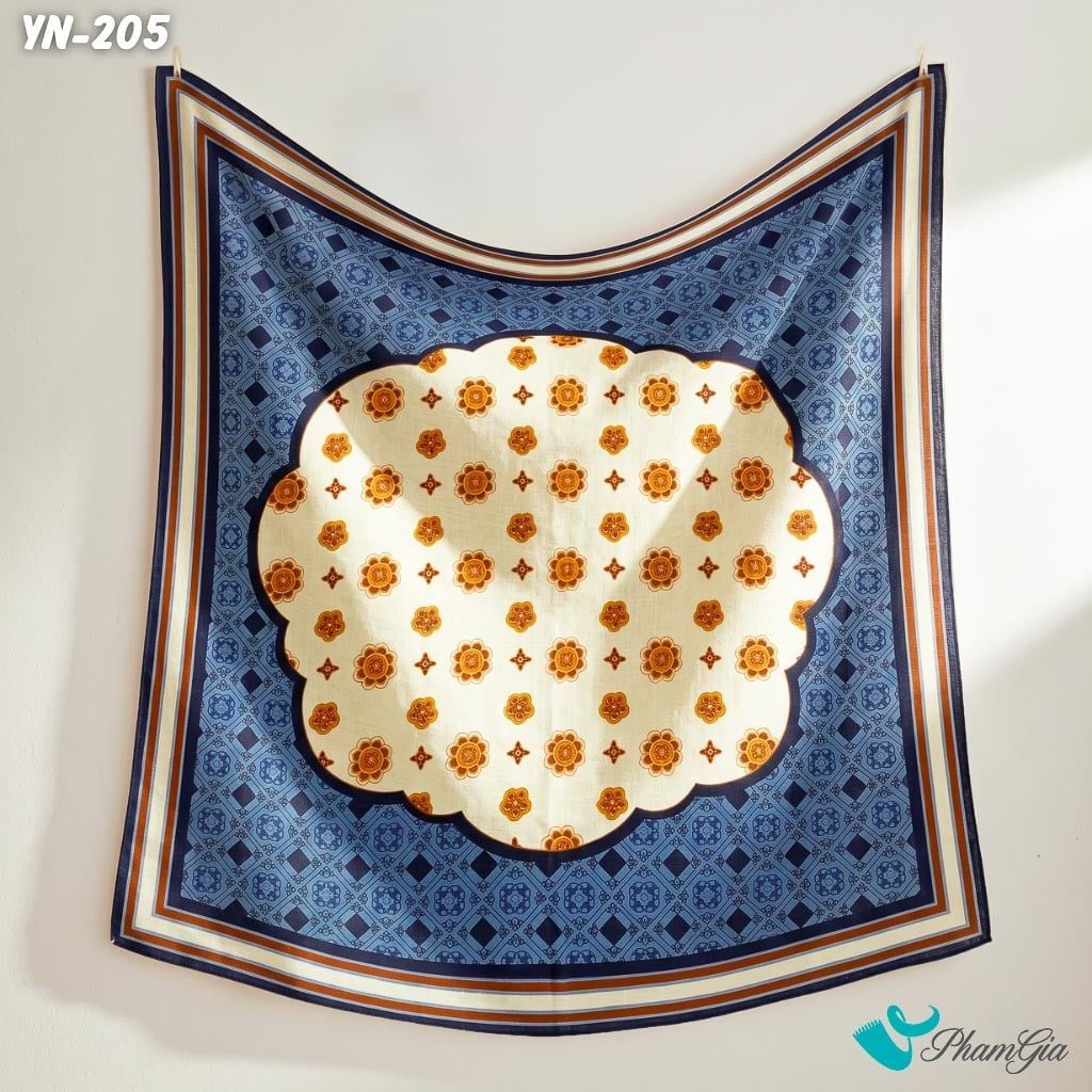 Khăn Linen Vuông Y Nhiên 90*90Cm Hoạ Tiết Hoa Văn Cách Điệu Màu Xanh Navy Cá Tính (YN205)