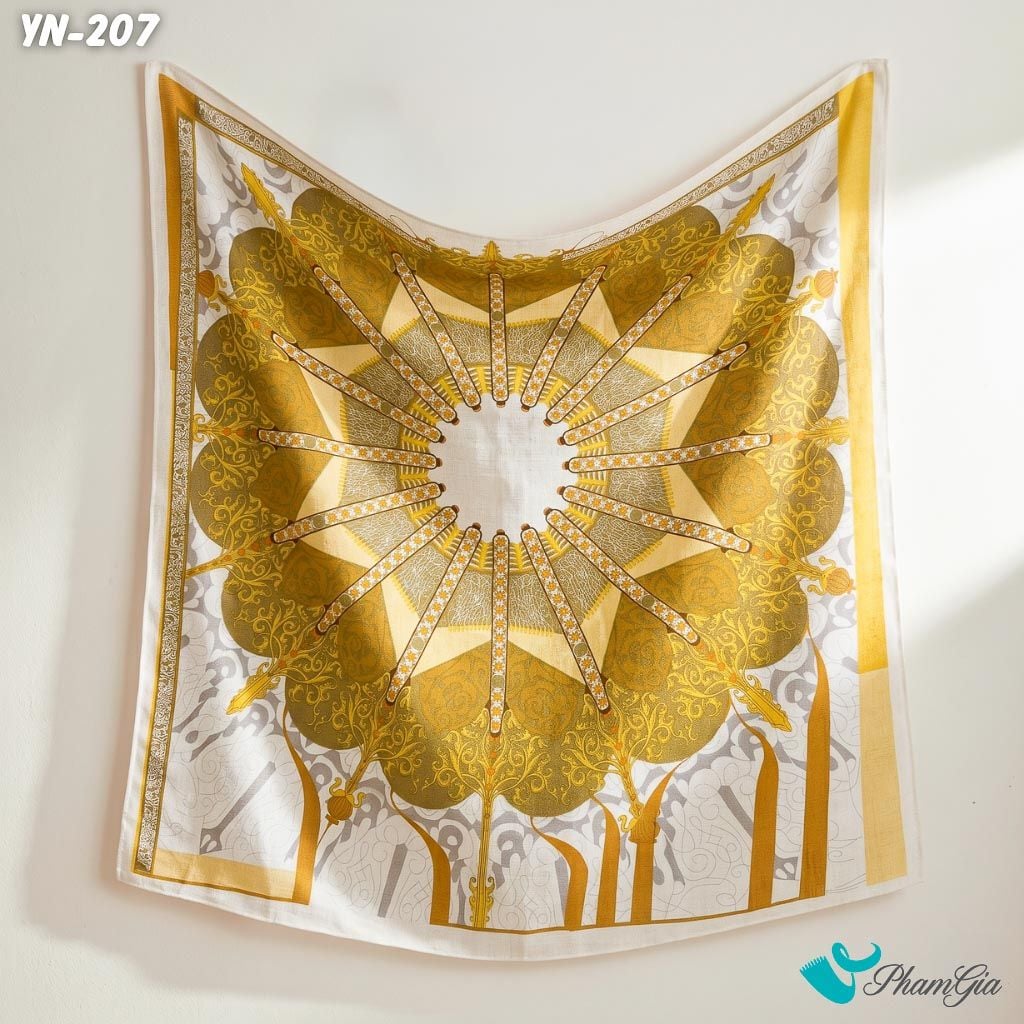 Khăn Linen Vuông Y Nhiên 90*90Cm Hoạ Tiết Mandala Màu Vàng Chanh Cổ Điển (YN207)