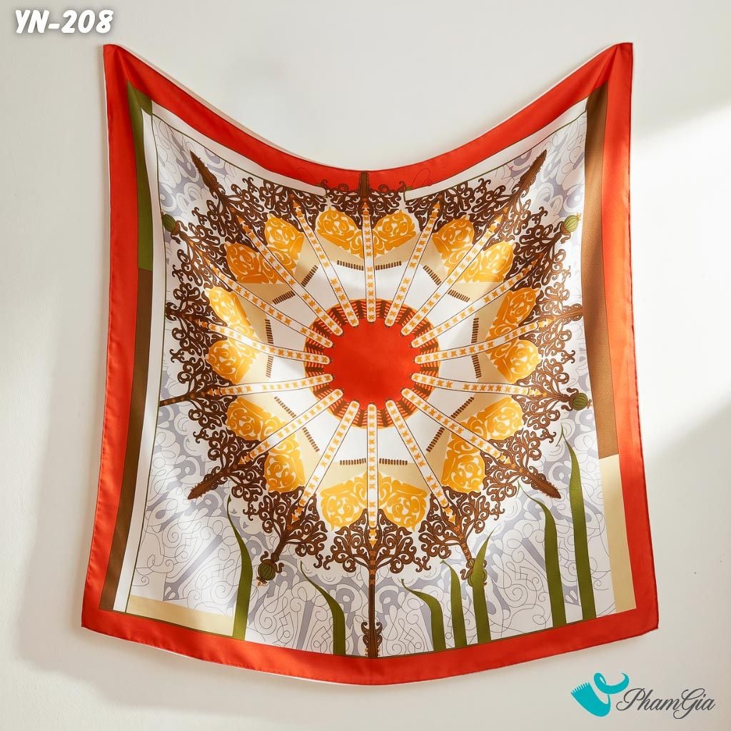 Khăn Linen Vuông Y Nhiên 90*90Cm Hoạ Tiết Mandala Màu Cam Cổ Điển (YN208)