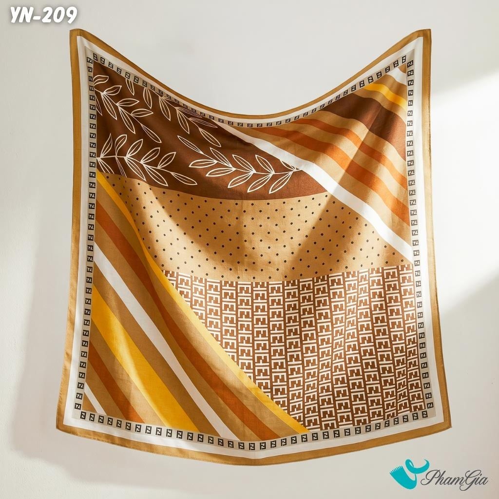 Khăn Linen Vuông Y Nhiên 90*90Cm Hoạ Tiết Hình Học Màu Nâu Đất Phối Trắng Hiện Đại (YN209)