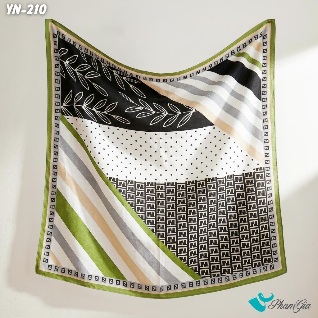 Khăn Linen Vuông Y Nhiên 90*90Cm Hoạ Tiết Hình Học Màu Trắng - Đen Phối Xanh Bơ Hiện Đại (YN210)