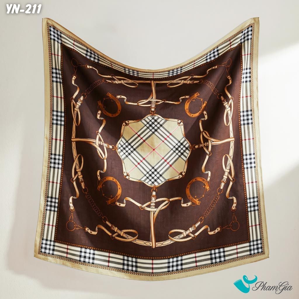 Khăn Linen Vuông Y Nhiên 90*90Cm Hoạ Tiết Dây Đai Kẻ Caro Màu Nâu Thanh Lịch (YN211)