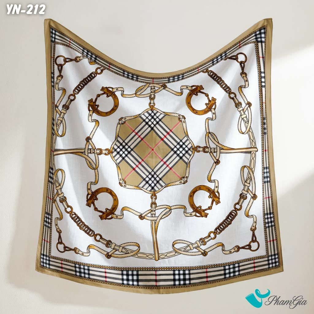 Khăn Linen Vuông Y Nhiên 90*90Cm Hoạ Tiết Dây Đai Kẻ Caro Màu Be Thanh Lịch (YN212)