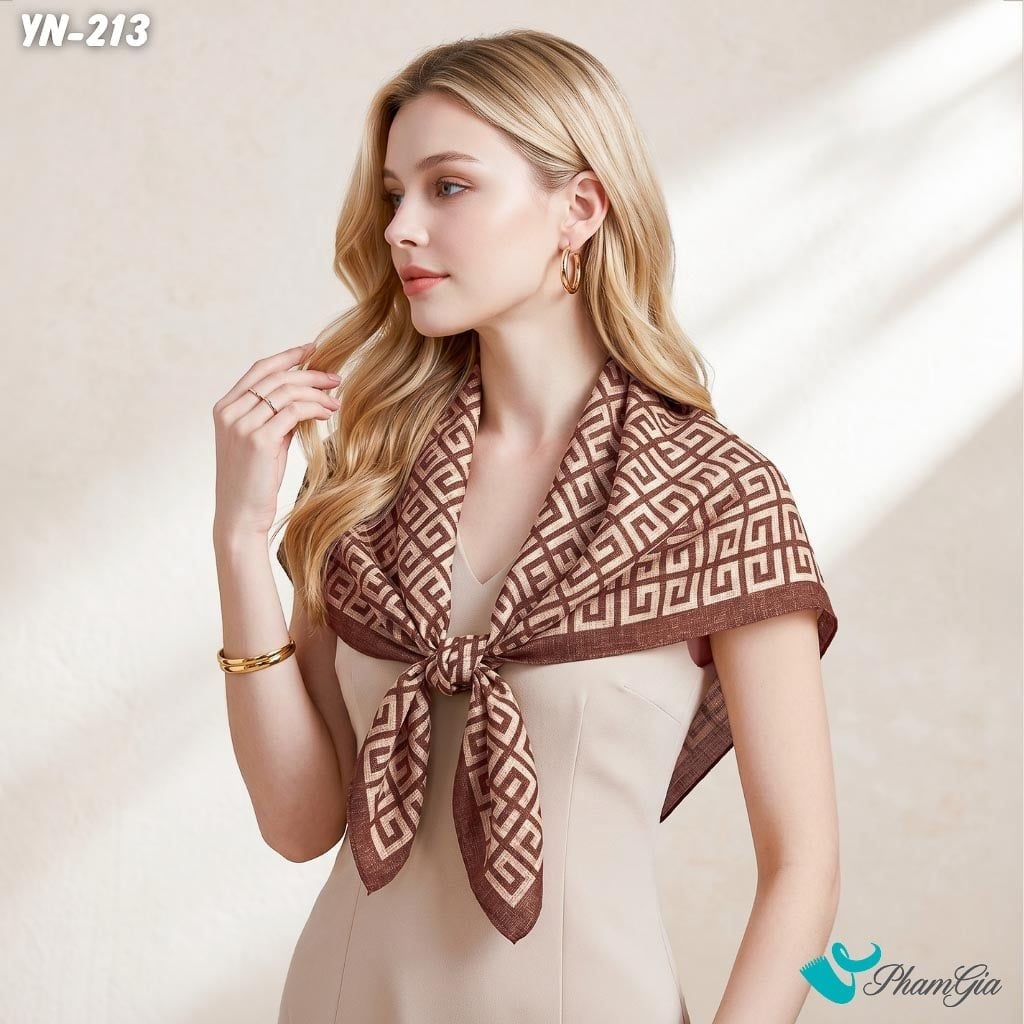 Khăn Linen Vuông Y Nhiên 90*90Cm Hoạ Tiết Hình Học Cách Điệu Màu Nâu Hiện Đại (YN213)