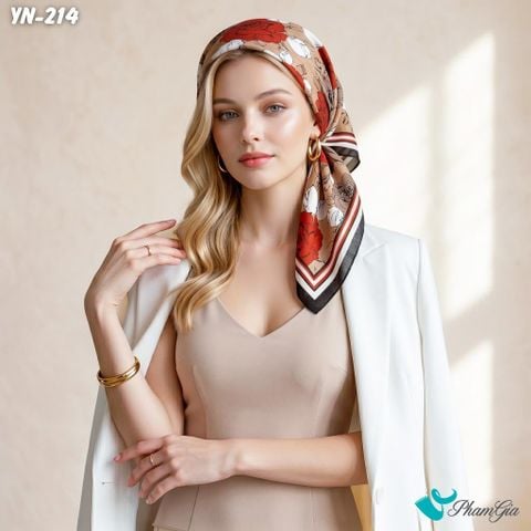 Khăn Linen Vuông Y Nhiên 90*90Cm Hoạ Tiết Hoa Hồng Màu Cam Phối Nâu Đất Cổ Điển (YN214)