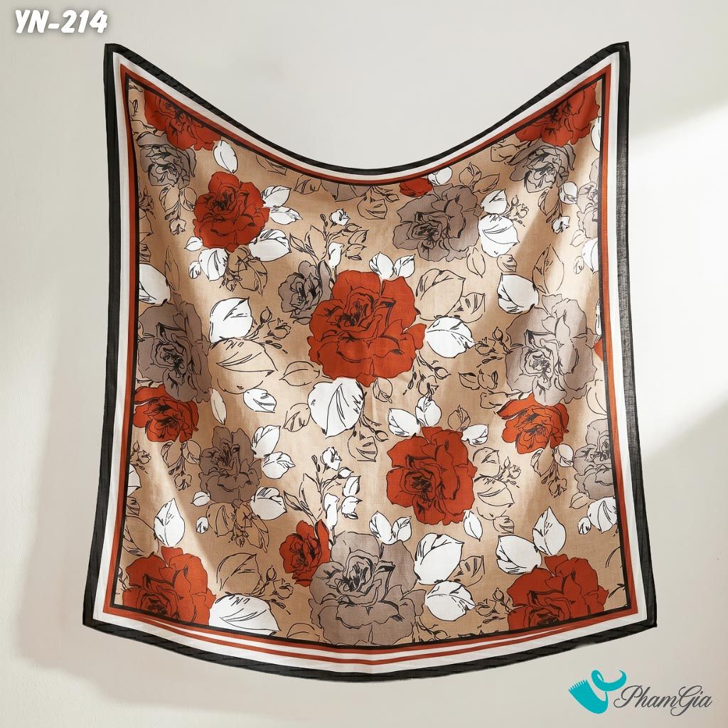 Khăn Linen Vuông Y Nhiên 90*90Cm Hoạ Tiết Hoa Hồng Màu Cam Phối Nâu Đất Cổ Điển (YN214)