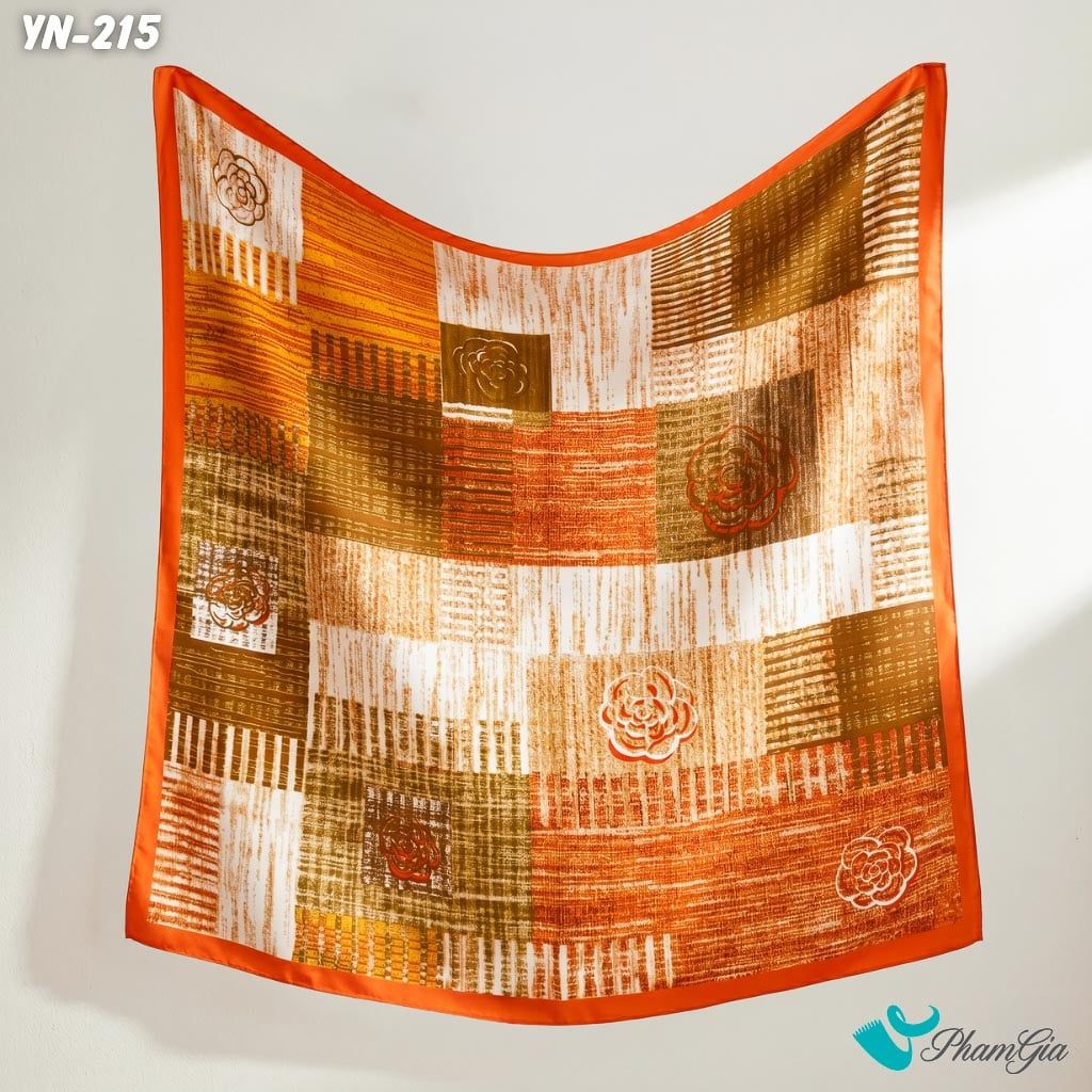 Khăn Linen Vuông Y Nhiên 90*90Cm Hoạ Tiết Ô Vuông Điểm Hoa Màu Cam Đất Cổ Điển (YN215)