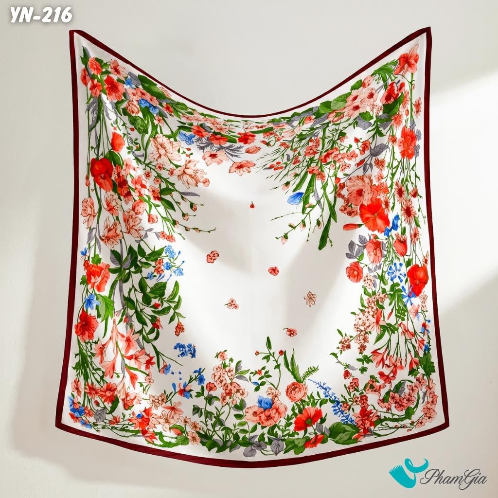 Khăn Linen Vuông Y Nhiên 90*90Cm Hoạ Tiết Hoa Dây Leo Màu Đỏ Phối Nền Trắng Thanh Lịch (YN216)