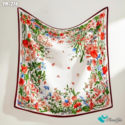 Khăn Linen Vuông Y Nhiên 90*90Cm Hoạ Tiết Hoa Dây Leo Màu Đỏ Phối Nền Trắng Thanh Lịch (YN216)