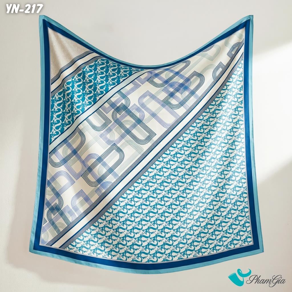 Khăn Linen Vuông Y Nhiên 90*90Cm Hoạ Tiết Hình Học Cách Điệu Màu Xanh Blue Thanh Lịch (YN217)