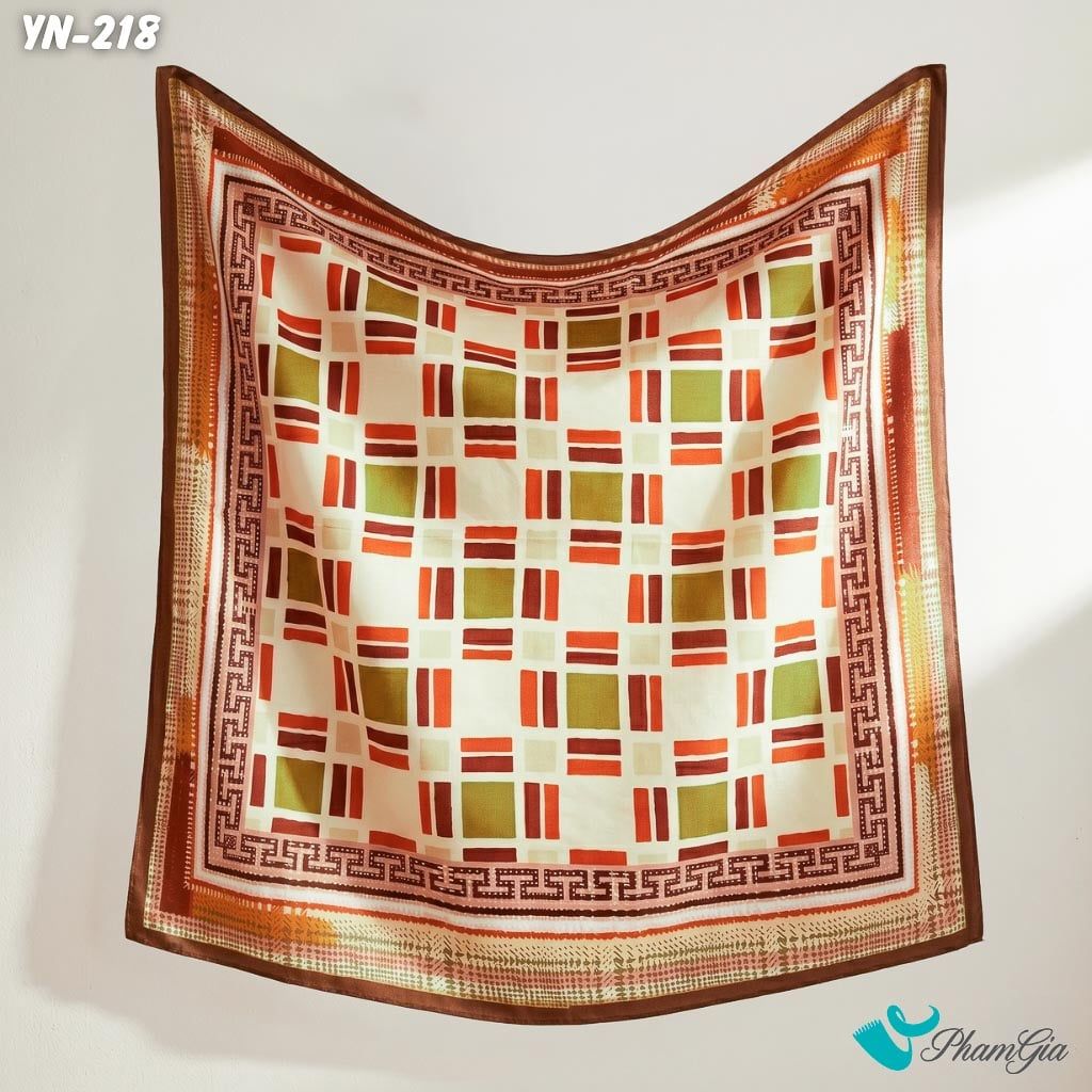 Khăn Linen Vuông Y Nhiên 90*90Cm Hoạ Tiết Hình Học Màu Nâu Đất Cổ Điển (YN218)