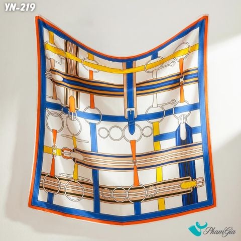 Khăn Linen Vuông Y Nhiên 90*90Cm Hoạ Tiết Dây Cương Màu Xanh Phối Viền Cam Thanh Lịch (YN219)