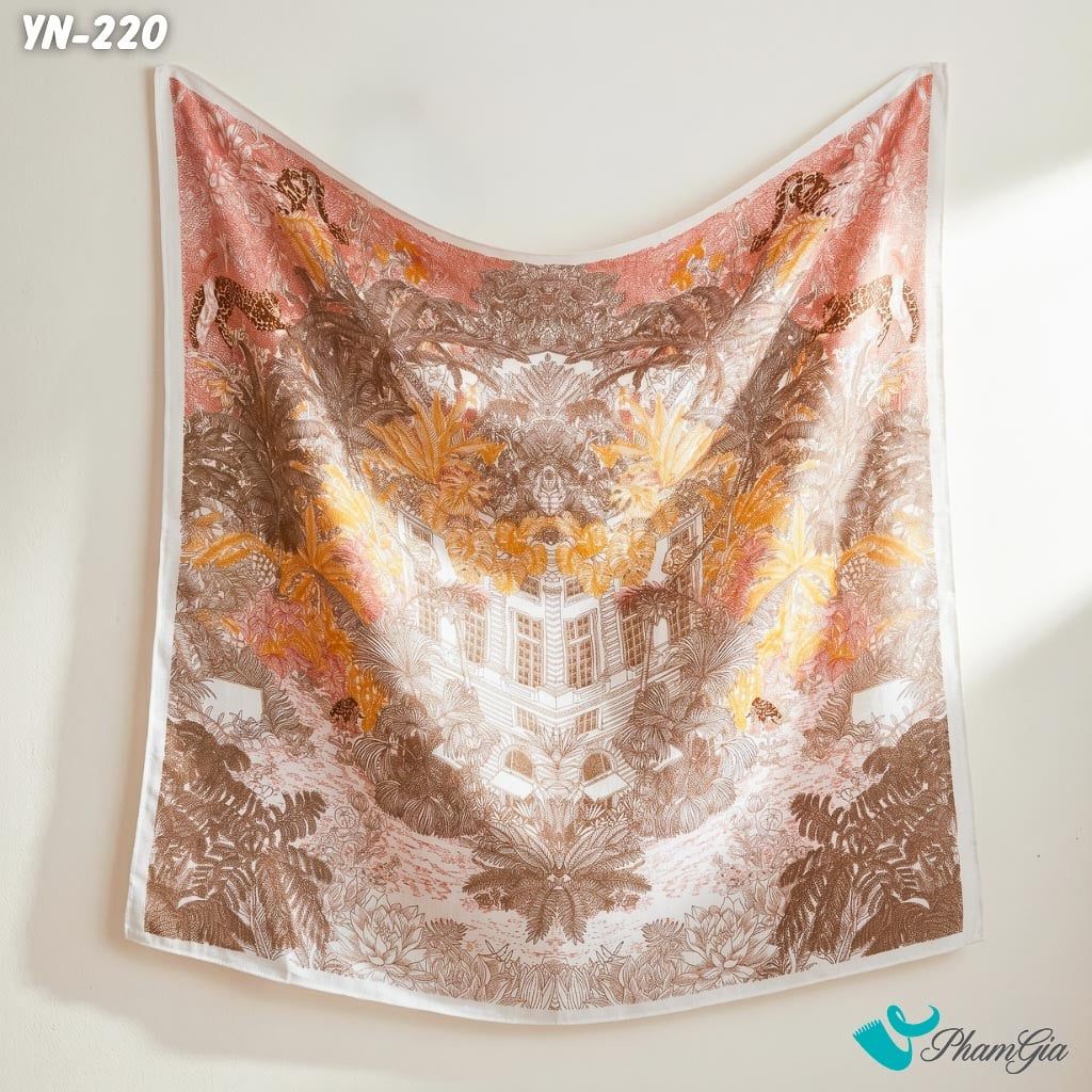 Khăn Linen Vuông Y Nhiên 90*90Cm Hoạ Tiết Rừng Cọ Nhiệt Đới Màu Nâu Cam Hiện Đại (YN220)