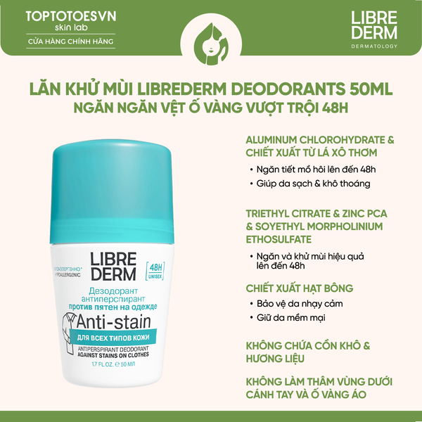 Lăn khử mùi ngăn vệt ố vàng LIBREDERM 48-HOUR ANTI-STAIN ANTIPERSPIRANT DEODORANT - 50ML (xanh)