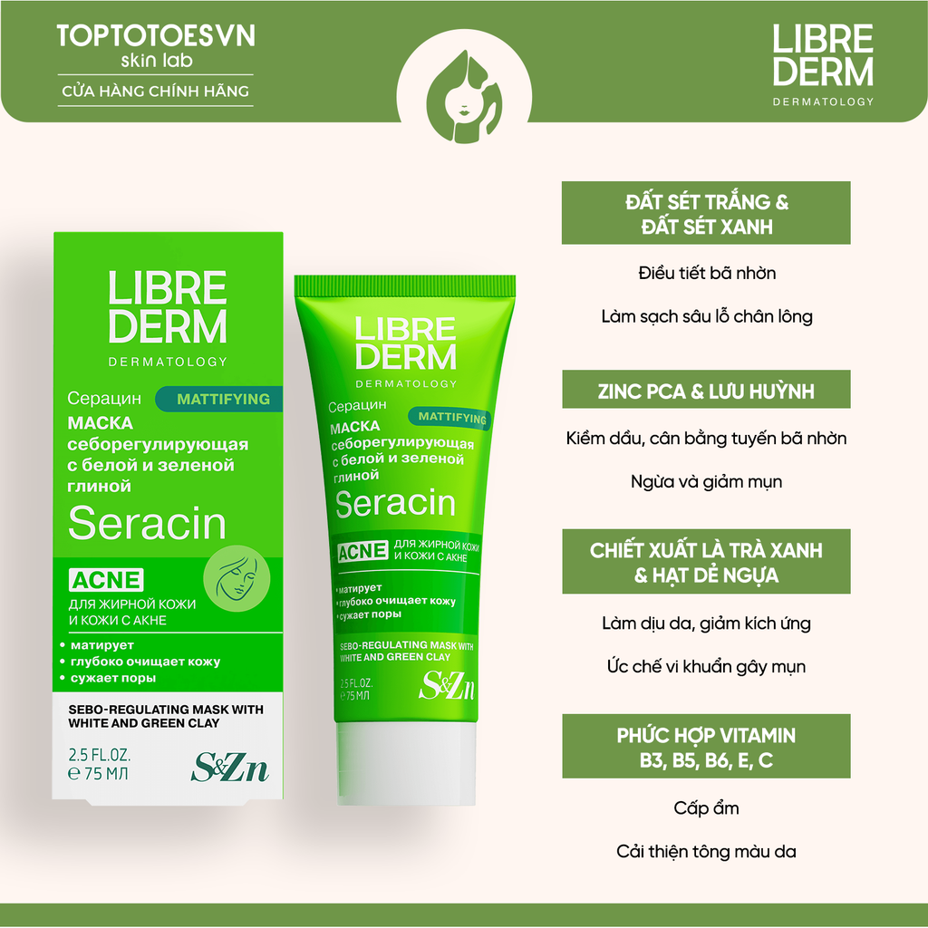 Mặt nạ đất sét trắng và xanh làm sạch sâu, kiềm dầu LIBREDERM SERACIN SEBO-REGULATING MASK  WITH WHITE AND GREEN CLAY FOR OILY SKIN 75ML