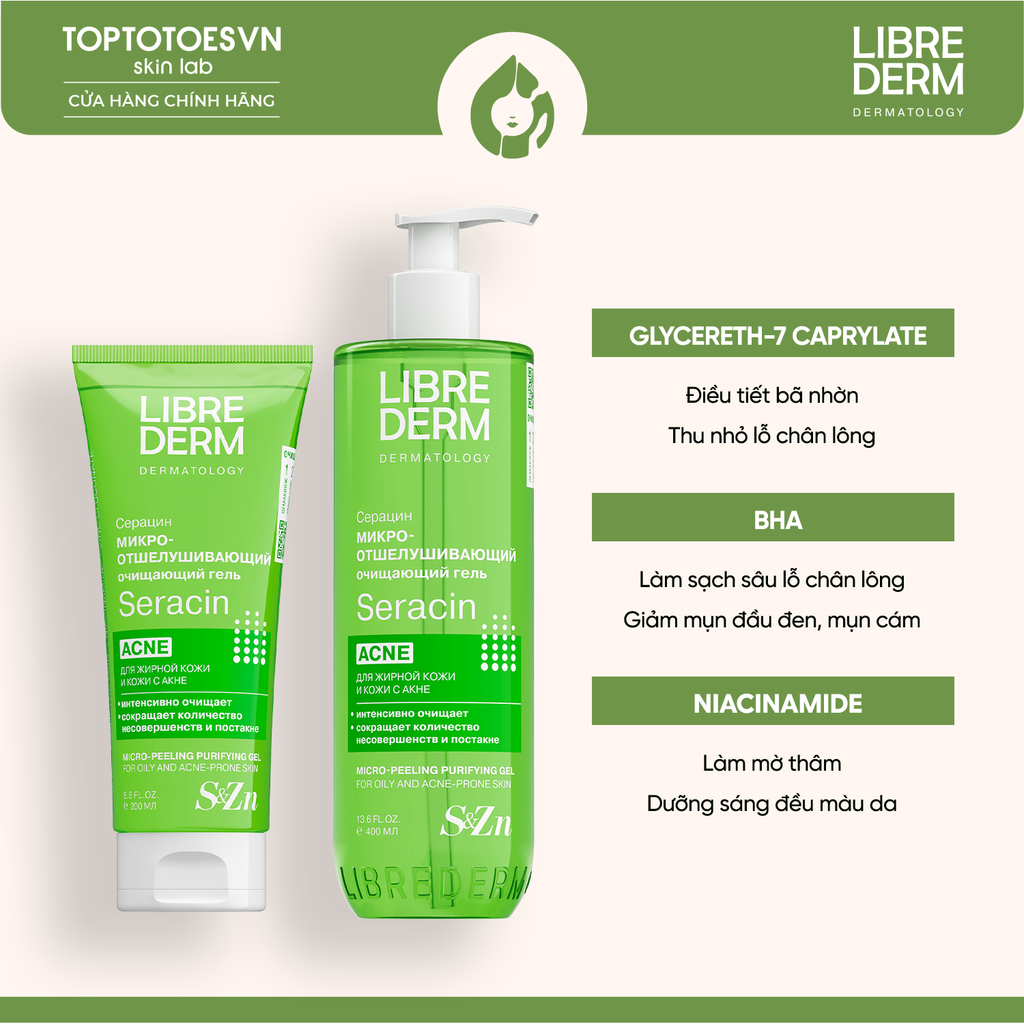 Gel rửa mặt tẩy tế bào chết không chứa hạt, hỗ trợ giảm mụn và mờ thâm mụn LIBREDERM SERACIN MICRO-PEELING PURIFYING GEL  FOR SKIN WITH VISIBLE IMPERFECTIONS 200ML