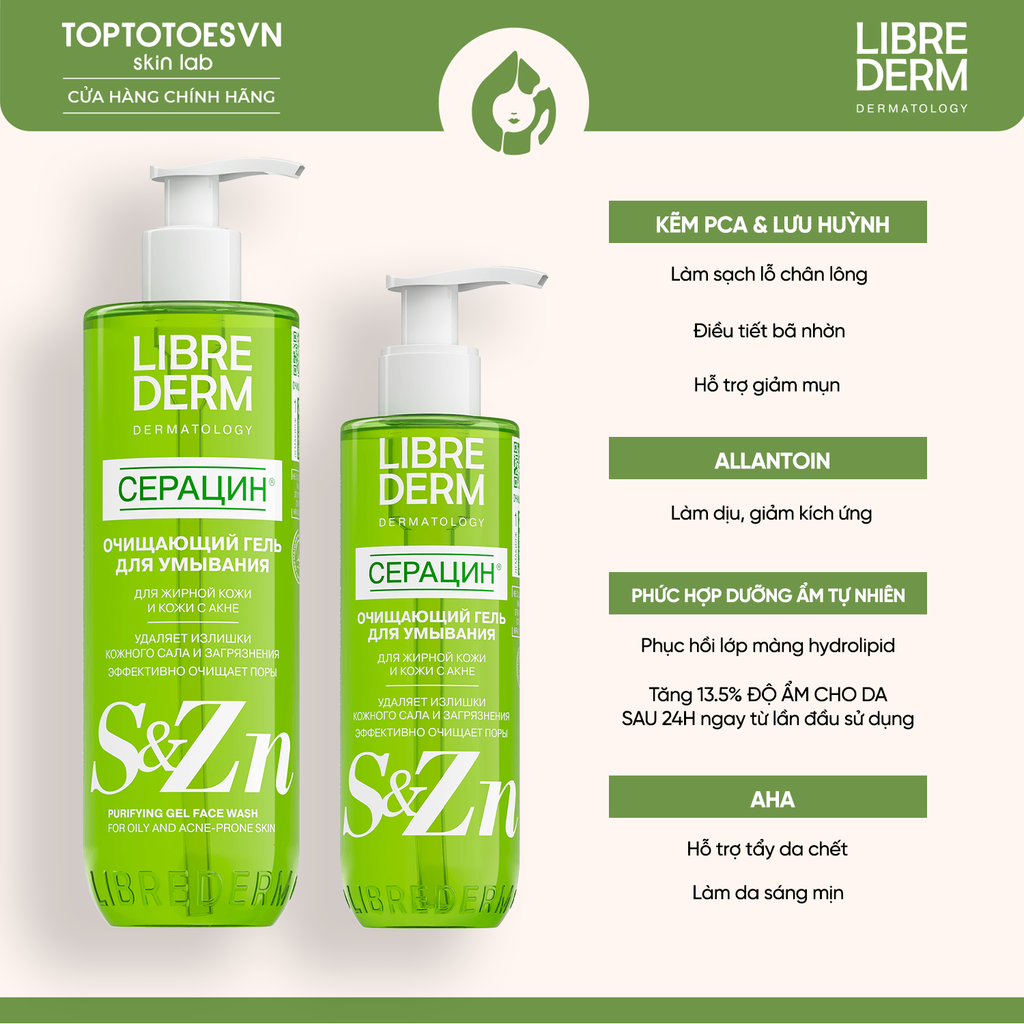 Gel rửa mặt làm sạch sâu, hỗ trợ giảm mụn LIBREDERM SERACIN PURIFYING GEL FACE WASH 400ML