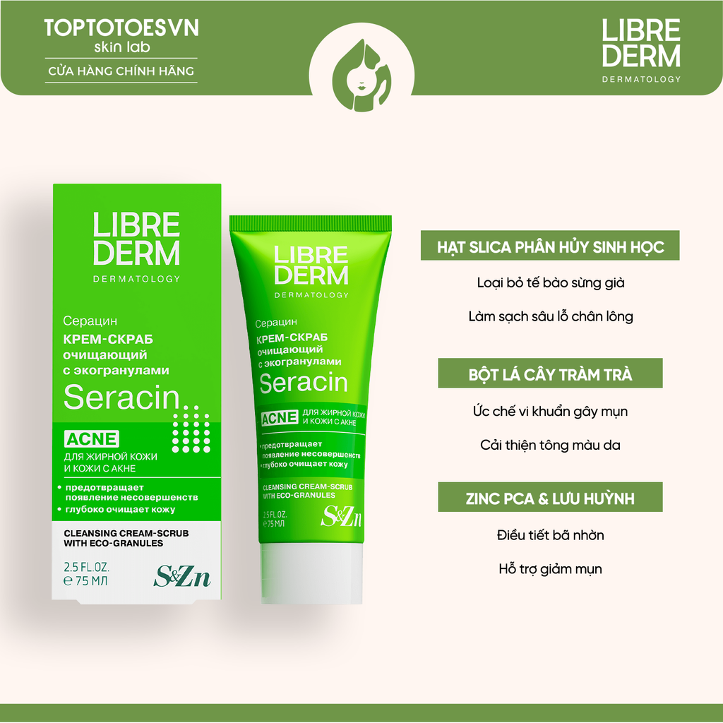 Tẩy da chết có hạt hỗ trợ giảm mụn, mờ thâm LIBREDERM SERACIN CLEANSING CREAM-SCRUB  WITH ECO-GRANULES FOR OILY SKIN 75ML