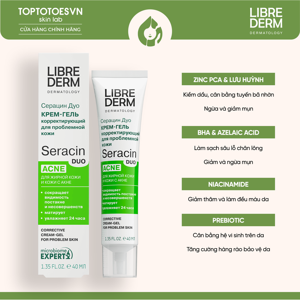 Gel dưỡng ẩm hỗ trợ giảm mụn, mờ thâm LIBREDERM SERACIN DUO CORRECTIVE CREAM-GEL FOR PROBLEM SKIN 40ML