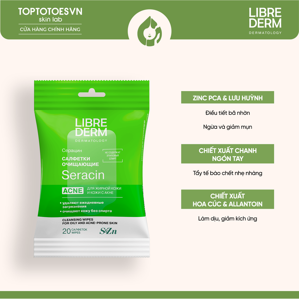 Khăn ướt tẩy trang, làm sạch sâu LIBREDERM SERACIN CLEANSING WIPES  FOR OILY AND ACNE-PRONE SKIN 20 MIẾNG